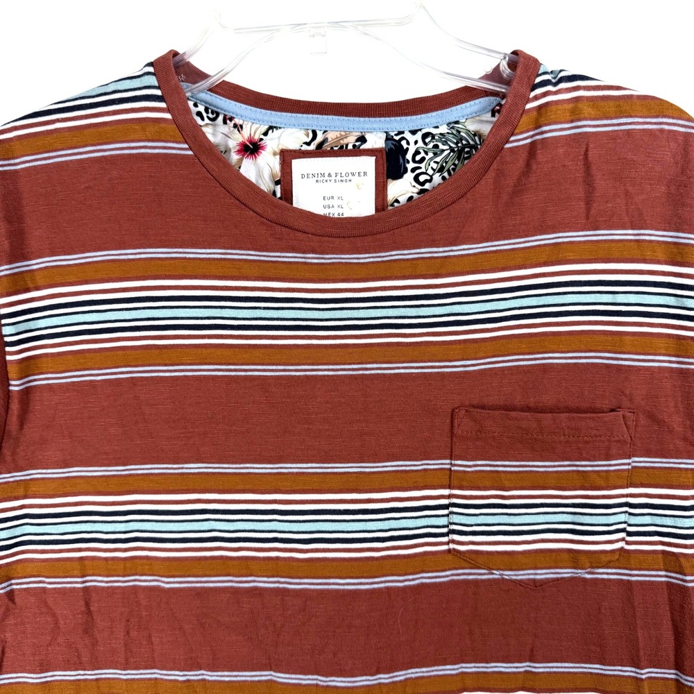 Denim & Flower Ricky Singh Striped Pocket T Shirt Men's XL Rusty Orange Blue